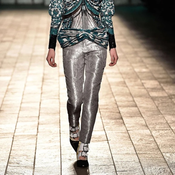 MARY KATRANTZOU Pants - Mary Katrantzou A/W 18 High Rise Metallic Floral Grey Silver Silk Trouser Pants